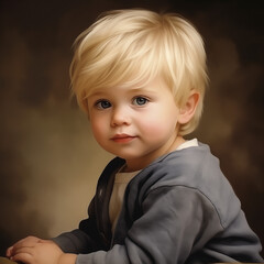 Close-up portrait of cute blond boy looking at camera indoors