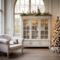 Fototapeta premium Christmas decorated bright living room with Christmas tree, armchair and rustic white wooden cabinet