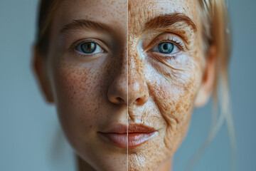 Split image of a woman's face showing aging effects on one side. Concept: Aging Process.
