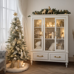 Christmas decorated living room wit Christmas tree and rustic white wooden cabinet