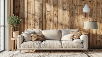 Living room with cozy and warm tone decorated with oak wood wall and floor background,  