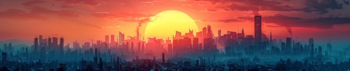 Silhouette of a Majestic Post-Apocalyptic City Skyline at Sunset. Urban Landscape with Skyscrapers and High-Rise Buildings, Fragmentation, and Destruction