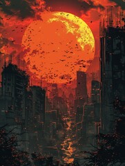 Silhouette of a Majestic Post-Apocalyptic City Skyline at Sunset. Urban Landscape with Skyscrapers and High-Rise Buildings, Fragmentation, and Destruction