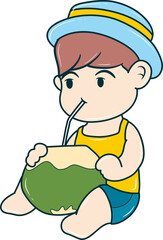 cartoon boy is drinking from a coconut
