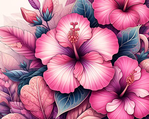 Repeating pattern of hibiscus flowers in shades of pink and purple.