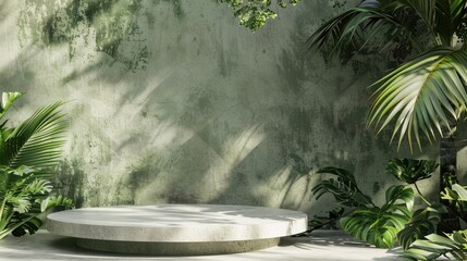 Natural stone and concrete podium in Natural green background  