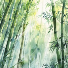 Watercolor painting of a serene bamboo forest with towering stalks and sunlight streaming through the canopy, Generative AI