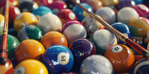 Billiard balls on a table with a pool cue, ready for a game of pool