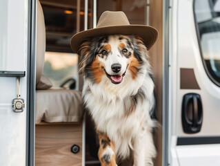 A Border Collie wearing a hat stands by the door of an RV