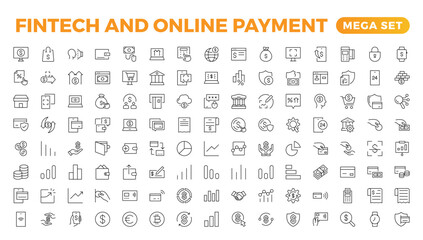Set of fintech modern icons. Simple line art style icons pack. Vector illustration.Set outline Minimalist thin linear web icon set. vector illustration.Outline icon collection.