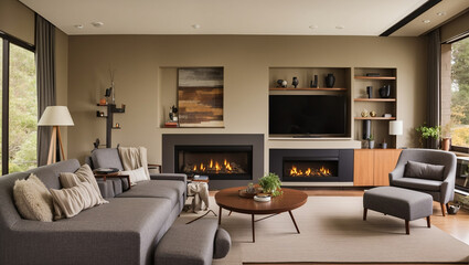 A living room with a fireplace, two sofas, two chairs, a coffee table, and a television.

