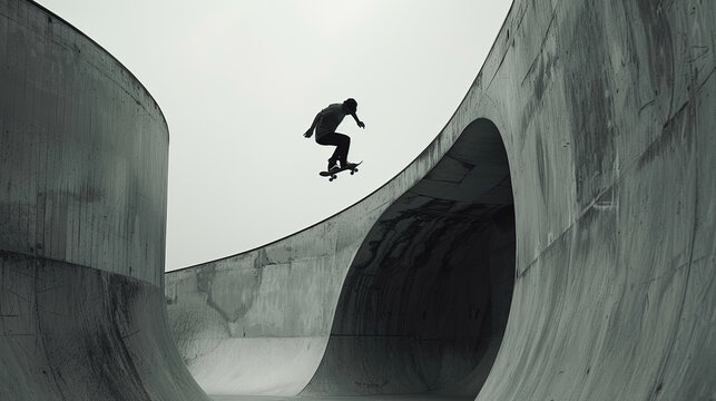 A man is skateboarding in the air over a concrete ramp