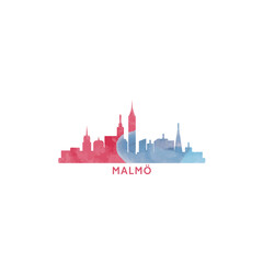 Obraz premium Malmo watercolor cityscape skyline city panorama vector flat modern logo, icon. Sweden town emblem concept with landmarks and building silhouettes. Isolated colorful graphic