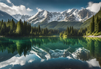 Reflections of Majesty: Snow-Capped Peaks Mirror in Pristine Lake