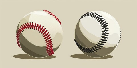 Fototapeta premium flat vector design of two baseballs, one white and the other black with red stitching.