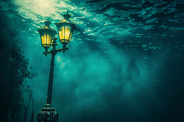 Vintage iron lamppost casts a warm glow on the cobblestone street under the night sky