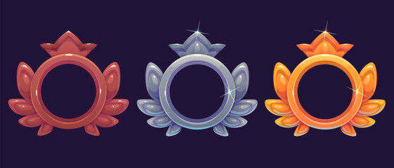 Game rank frames set isolated on background. Vector cartoon illustration of medieval round avatar borders made of gold, silver, bronze metal ornamented with royal crown and wings, winner trophy emblem