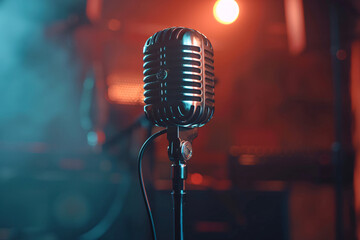 A vintage chrome microphone stands on a brightly lit stage, ready to capture the electrifying energy of a live performance