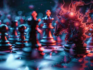 An abstract composition showing the battle between malware and antivirus software as a chess game