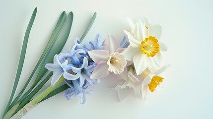 Soft pastel narcissus and hyacinth flowers against a white background