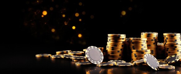 Gold and black casino chips on the right side of the frame, with gold coins scattered at their base.