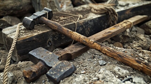 Outdoor photograph featuring large, ancient masonic tools including a hammer, chisel, rope, and a 24-inch wooden ruler