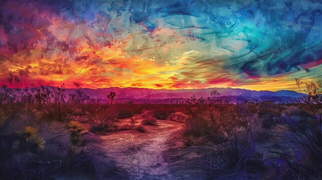 Artistic street art depicting a colorful sunset in the desert of Indio, California