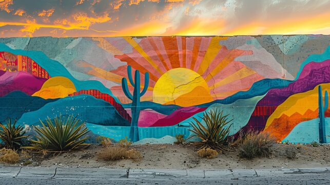 Artistic street art depicting a colorful sunset in the desert of Indio, California