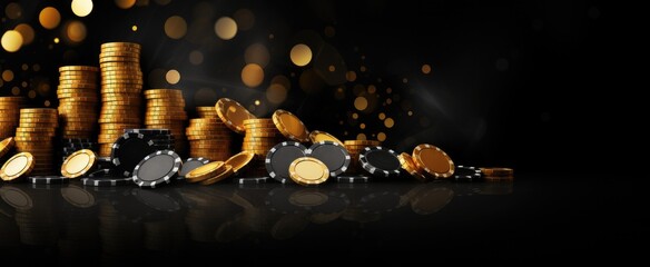 Gold and black casino chips on the right side of the frame, with gold coins scattered at their base.