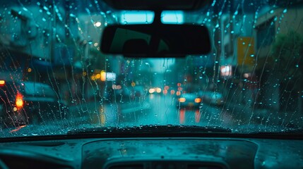 View of rain from inside a moving SUV on the street