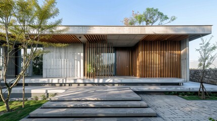 A contemporary house design sidelining greenery, featuring concrete and wooden elements amidst landscaped gardens