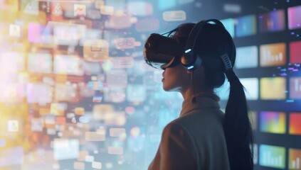A woman with a ponytail is immersed in a virtual reality environment with colorful digital screens
