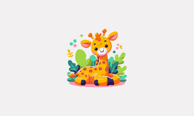 Fototapeta premium cute giraffe is sitting facing forward vector flat design