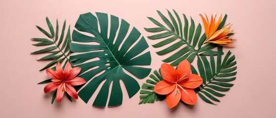 A colorful collage of paper flowers and leaves on a pink background