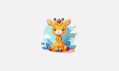 Naklejka premium cute giraffe is sitting facing forward vector flat design