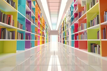 A 3D rendering bright and colorful library with bookshelves bookshelves and workspace and plenty of natural light