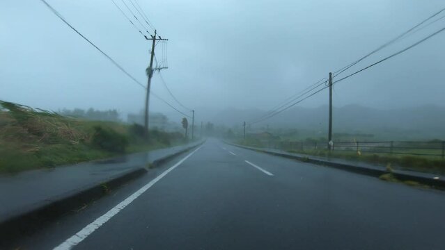 Driving In Hurricane Wind And Rain Lashing Town - Haishen