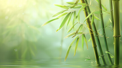 Calming horizontal green background image of bamboo stalks on the side with room for copy space