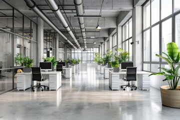 Bright and Clean Industrial Style Office Interior Open Space with Lots of White Table Desks and Chairs, Large Windows, High Empty Ceilings, a Concrete Floor.