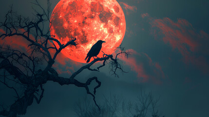 Crow On Tree with red moon ,generative ai