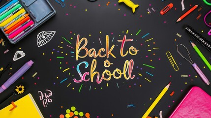 "Back to school" handwritten with school supplies on a black background. Top view. generative ai