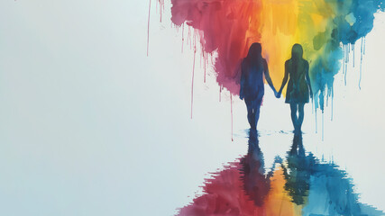 Rainbow watercolor of 2 women holding hands for pride equality celebration