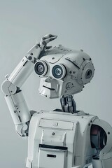 Friendly robot in a 'confused' pose, hand on head, looking puzzled at the camera, portrait with studio light on a light gray blue background.