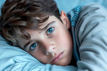 Sad boy lying on pillow with blue eyes looking into distance in soft blue lighting. The concept of depression in children
