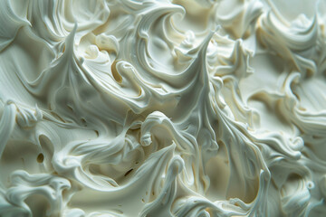 Abstract white chocolate cream swirl on white background, resembling delicate meringue or satin fabric with liquid texture, a sweet art piece for dessert