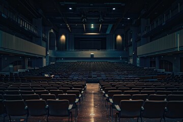 Naklejka premium A 3d rendered large theater hall with podium and stage show, auditorium room, stage hall interior architecture