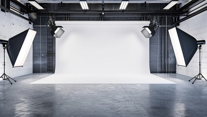 A large and white simple photo studio with lights, film studio with technical equipment. Creative workshop of the photographer.