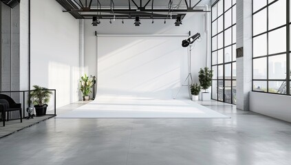 A large and white simple photo studio with lights, film studio with technical equipment. Creative...
