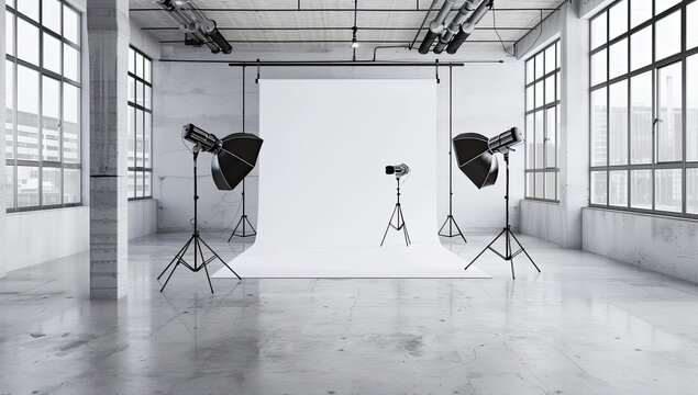 A large and white simple photo studio with lights, film studio with technical equipment. Creative workshop of the photographer.
