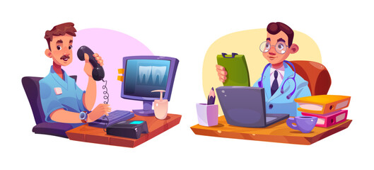 Naklejka premium Male doctor character sitting at working desk with computer, phone and medical documents. Cartoon vector illustration set of man healthcare worker in uniform. Computed hospital office interior.